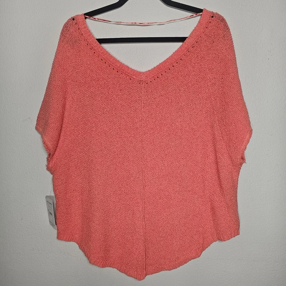 Free People Medium Oversized Cropped Coral‎ Open Knit Sweater Top Frayed Sleeves